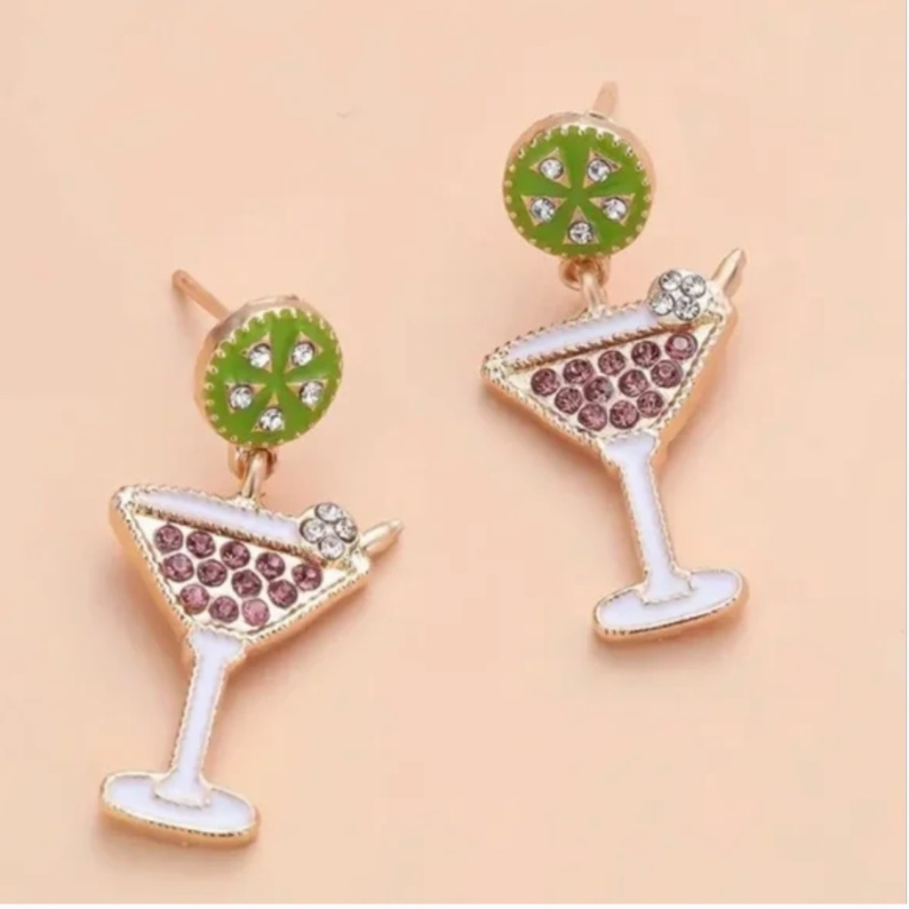 ❤️FREE Martini Alcohol Rhinestone Drop Lime Fruit Party Bachelorette Earrings